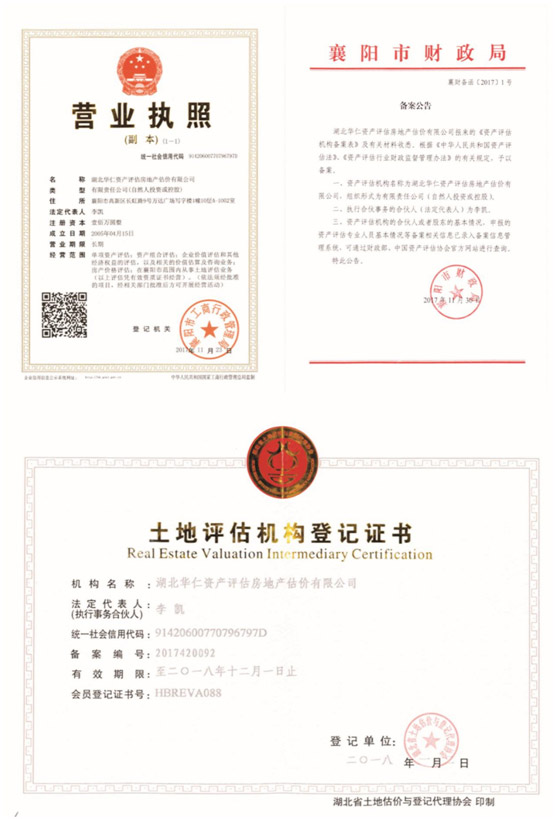 華仁資產(chǎn)評估房地產(chǎn)估價有限公司營業(yè)執(zhí)照、資產(chǎn)評估備案公告、土地評估機(jī)構(gòu)登記證書.jpg